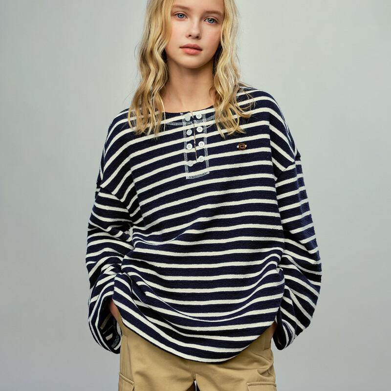 ELLE KIDS Детская полосатая футболка-henley с расклешенными рукавами для девочек 150