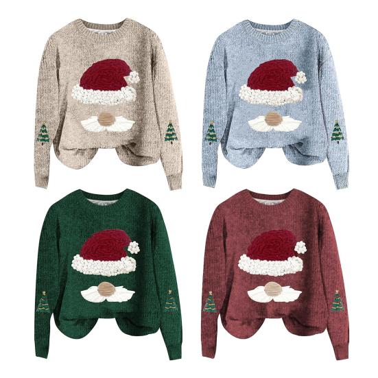 Women Sweatshirt 3D Santa Hat Printing Round Neck Loose Thick Pulliver Knitted New Year Winter Top Keep Warm Outdoor School Work Sweatshirt
