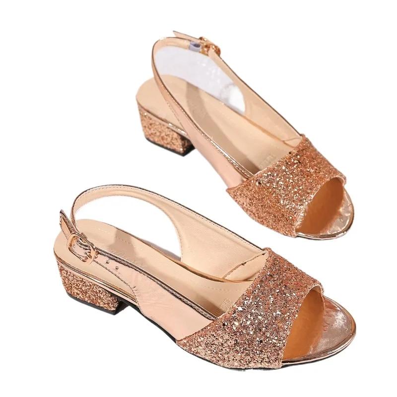 Fashion Shoes Female 2025 Summer New Women's Peep Toe Sandals Fashion Round Toe Med Heel Buckle Strap Sandal for Plus Size Daily Dress
