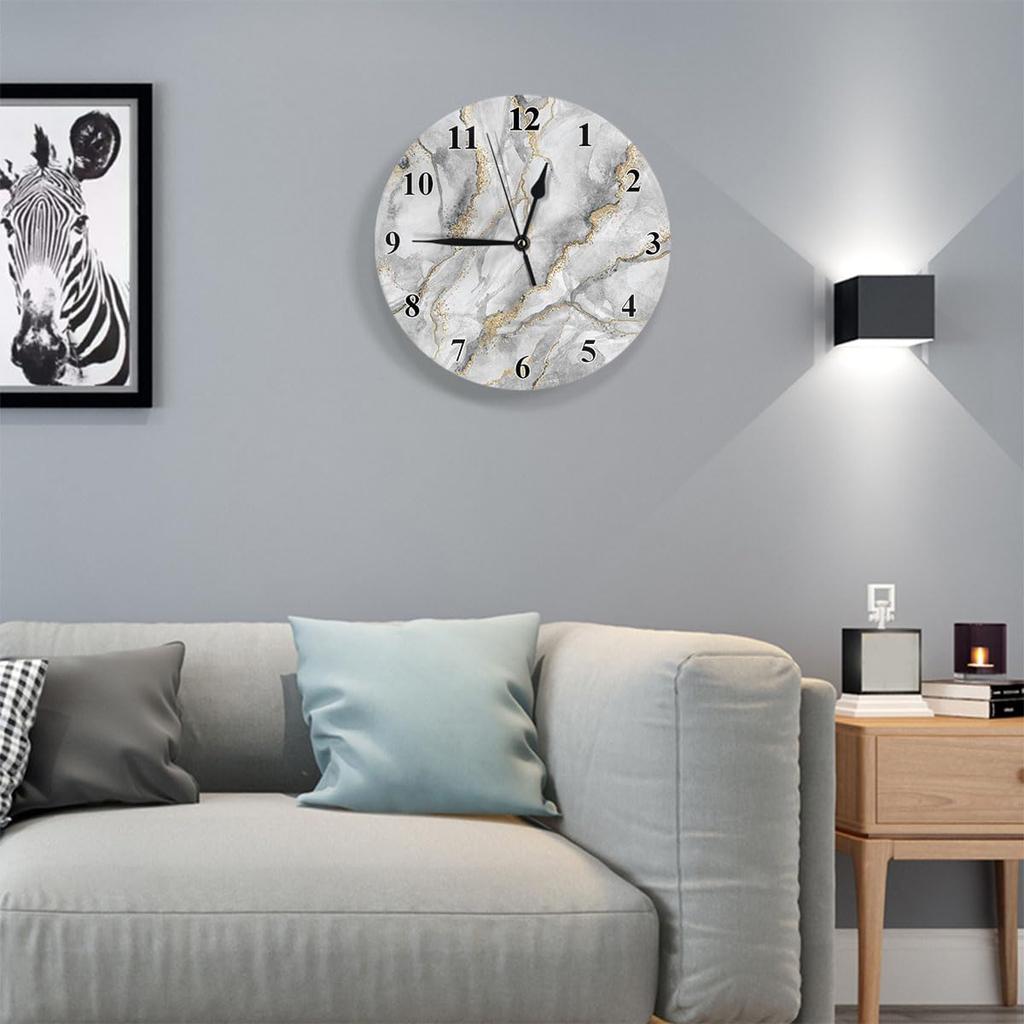 White Marble Gold Vein Modern Round Wall Clock Quartz 10 Inch Creative Silent Non Ticking Decorative,Minimalist Style for Classroom School Kitchen