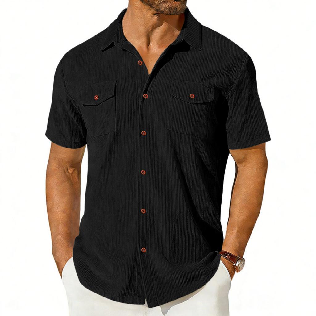 Camisa de pana americana pesada para hombre, de manga corta, holgada, para exteriores, con solapa y bolsillos de carga