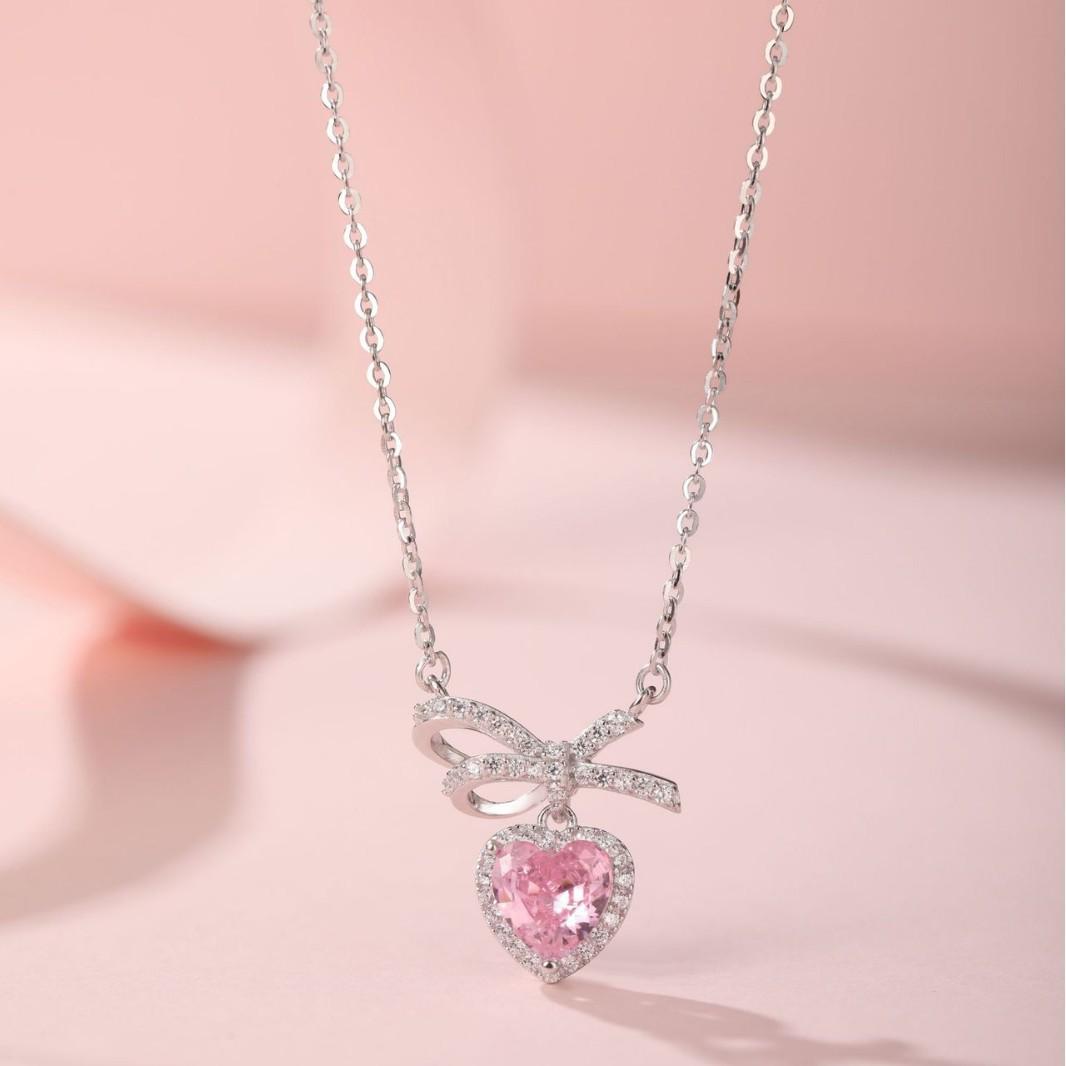 S925 Sterling Silver Clavicle Necklace with Pink Diamond Bow Heart Pendant - High-End, Simple Luxury for Women 925 Silver