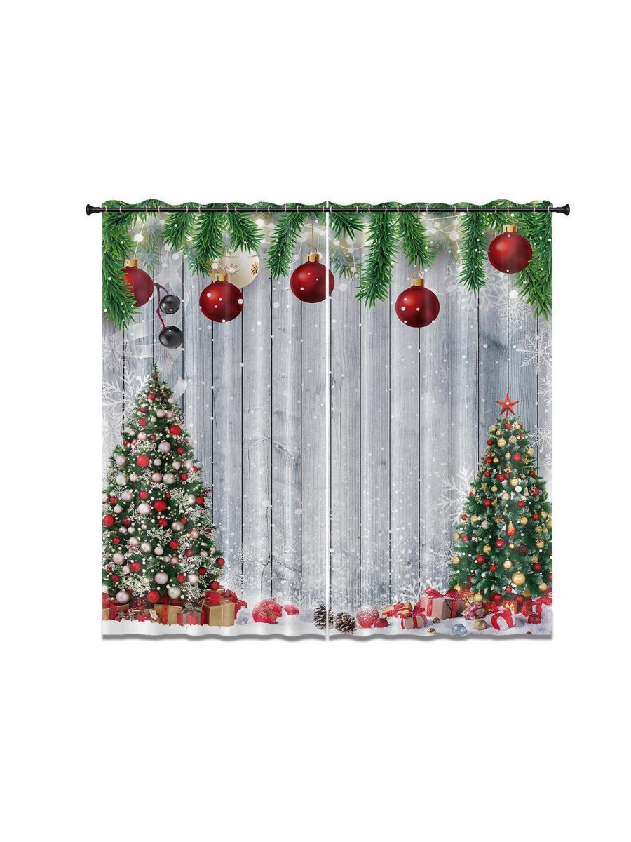 

Set Of 2 Christmas Tree Print Perforated Curtains Multi Size Living Room Insulation Holiday Decoration Easy Installation Curtain With Light Blocking W100*H70(CM)-Hooks&1PCS
