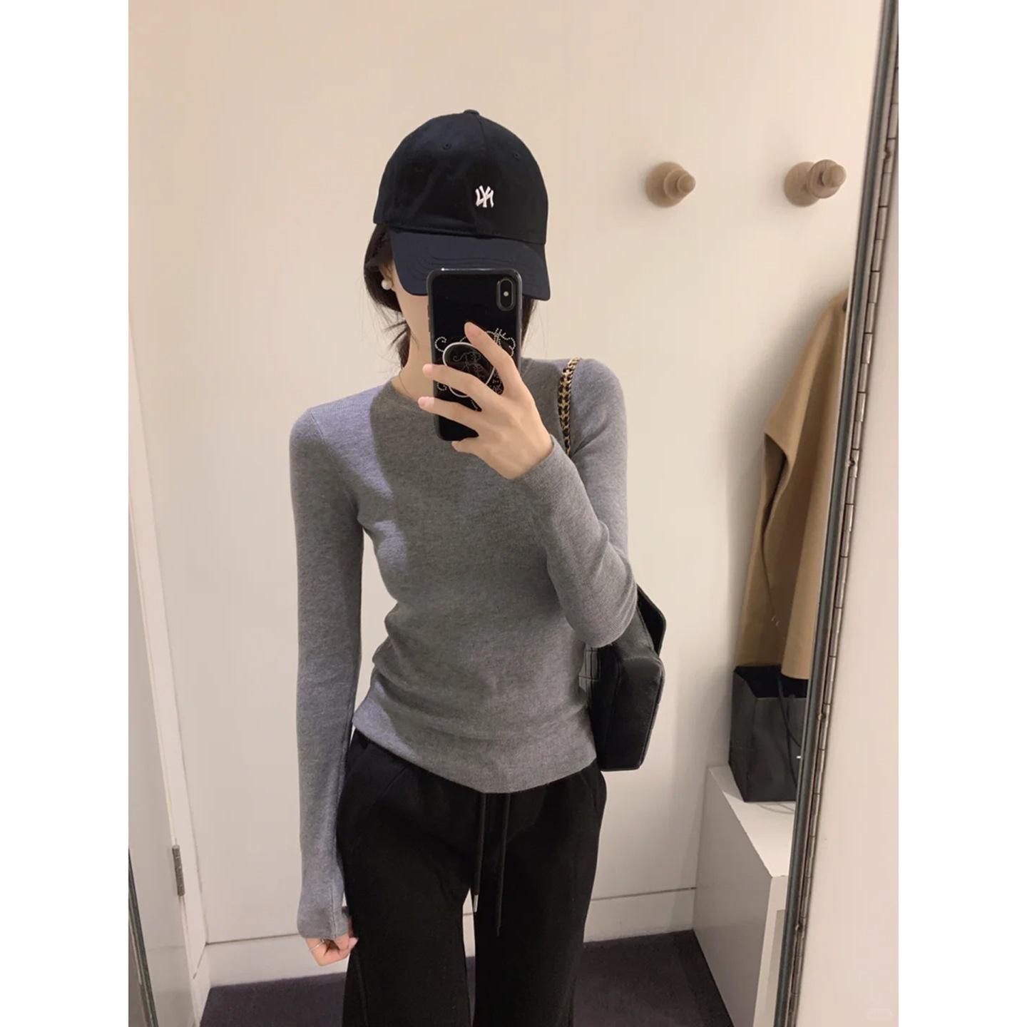 

Crew neck T-shirt grey shirt autumn and winter casual simple slim versatile XL сірий колір