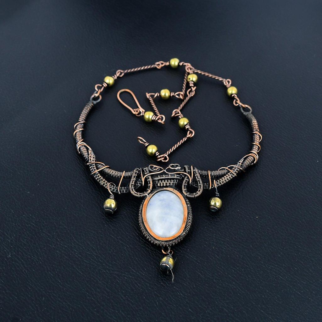 Rainbow Moonstone 999 Copper Wire Wrapped Necklace Adjustable, Chain Necklace Handmade Gemstone, Gift For Mom Antique Jewelry