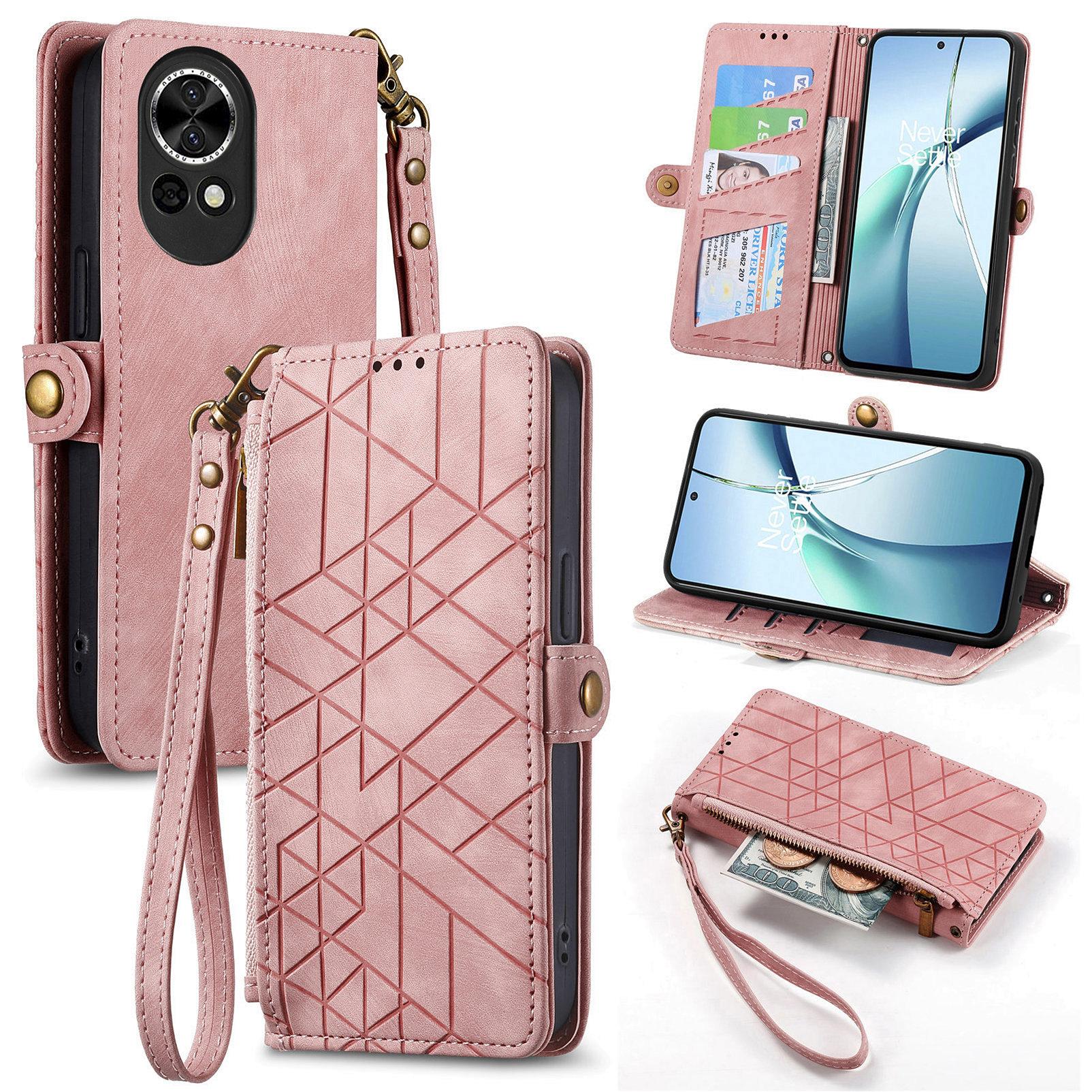 

For Huawei nova 13 5G Zipper Wallet Case Geometry Lines Leather Phone Cover with Strap Pink