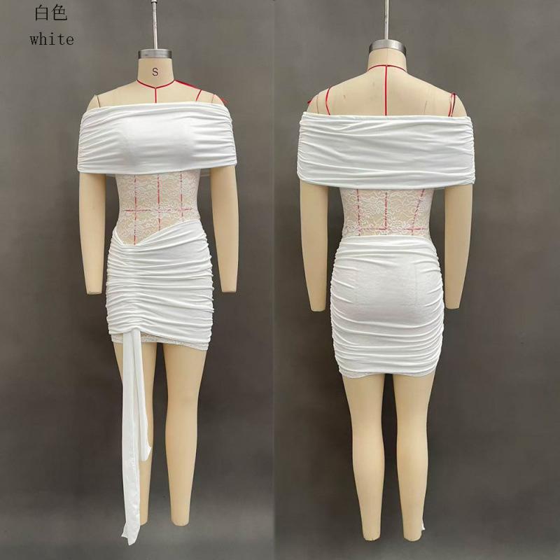Europe, America, New, Mesh Hollow Splicing Elastic Pleated One-word Collar Tube Top Slim Dress