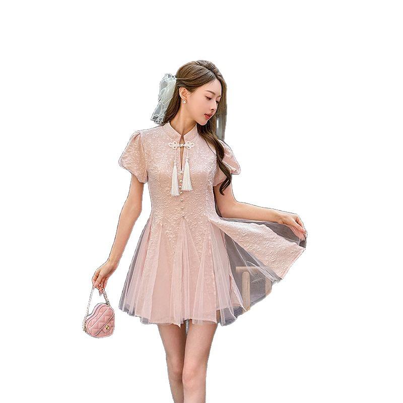 Summer Style National Wind Qipao Dress - Short-Sleeved, Waist-Cinched, Fluffy Skirt for Women