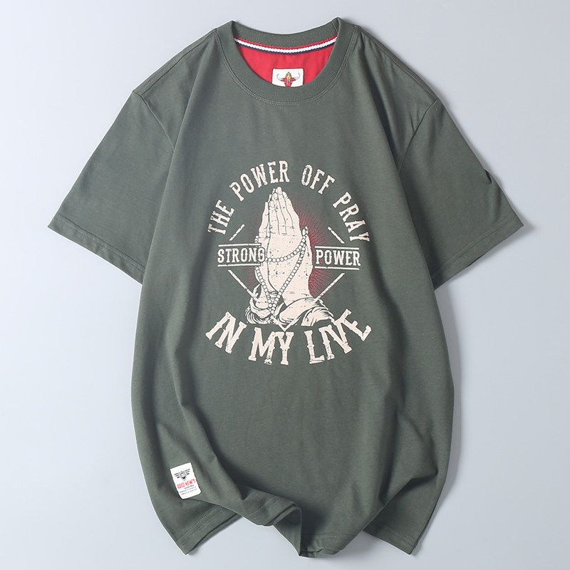 Fashionable Vintage Printed Round Neck Short-Sleeve Men's T-Shirt Made of Washed Cotton for Export