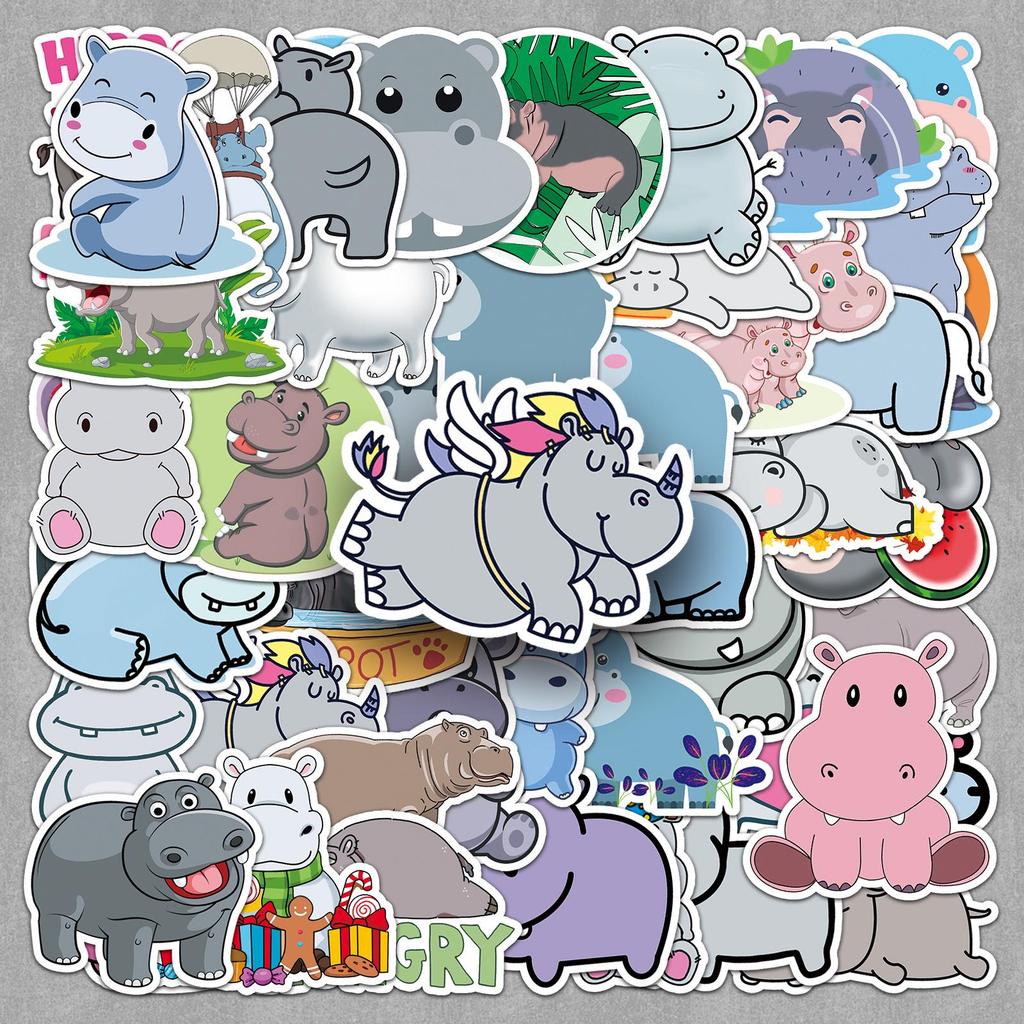 50 Cute Waterproof Hippo Cartoon Animal Stickers for Stationery and Notebooks