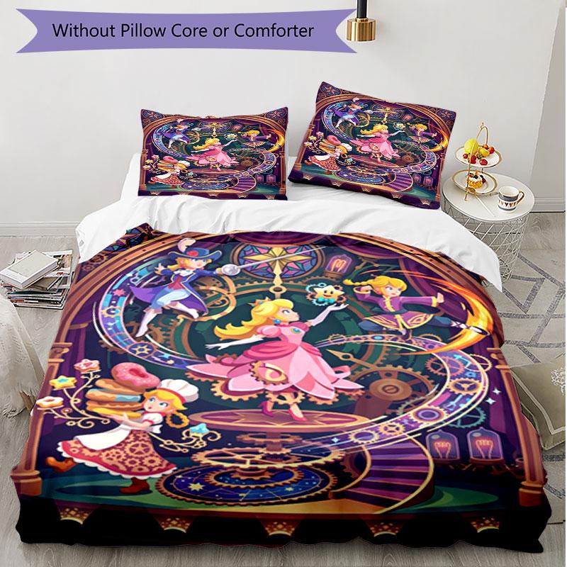 3pcs Duvet Cover Set (1*Duvet Cover + 2*Pillowcase, Without Core), Princess Peach Toadstool Print Soft All‑Season Bedding Set, Home Bedroom Decor Gift