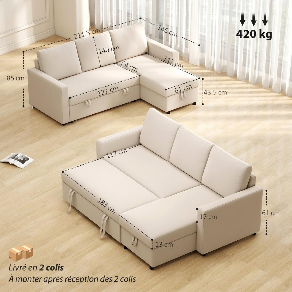Divano angolare modulare convertibile con chaise longue reversibile, contenitore e 3 cuscini schienale, color crema