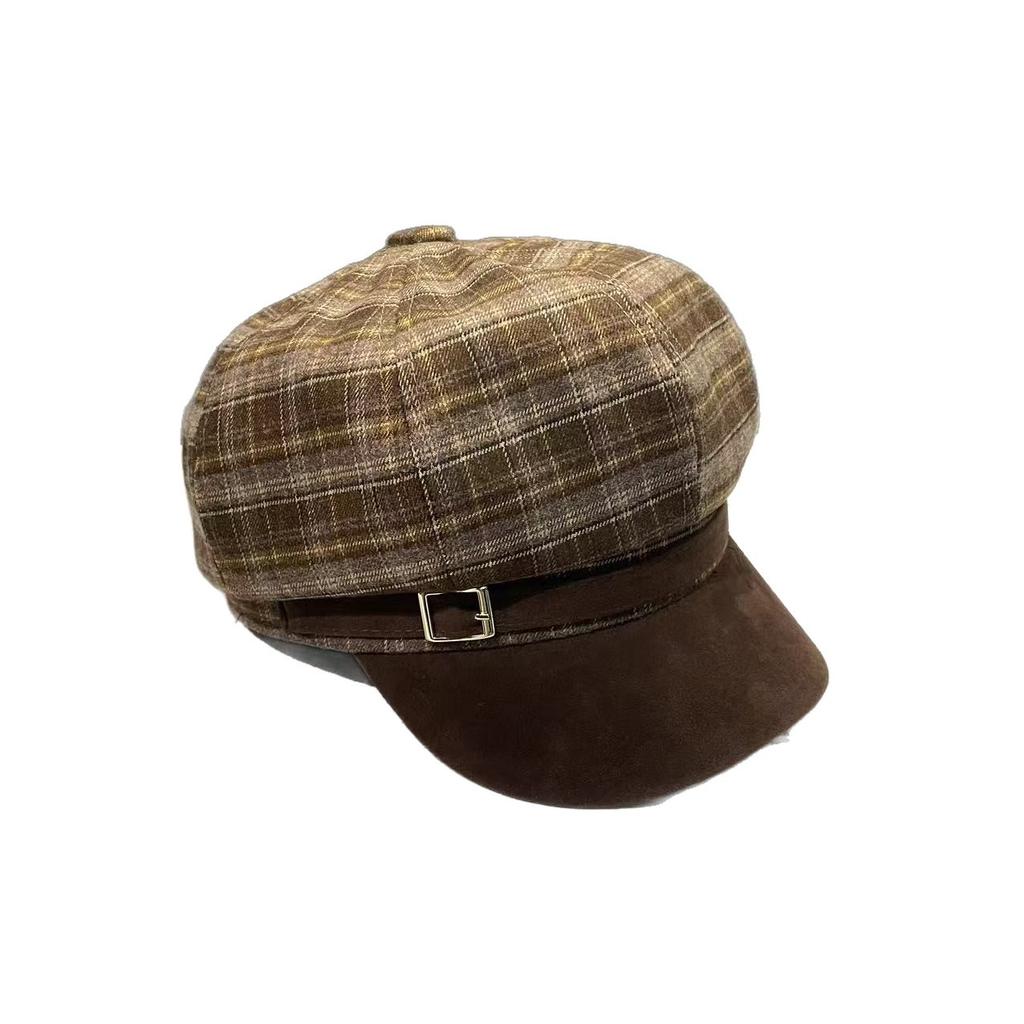 Korea's New Autumn and Winter Woolen Octagonal Hat for Women Plaid Large Head Circumference   Face Showing  Small Suede Painter's Hat