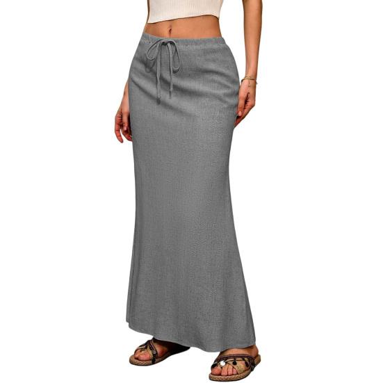 Maxi sukně v boho stylu s vysokým pasem, nastavitelnou stahovací šňůrkou, dlouhá sukně s rozparkem vzadu, jednobarevná, sukně pro office lady