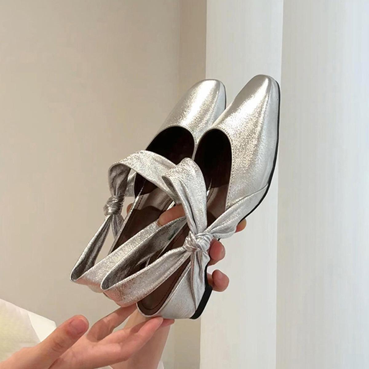 

Sheepskin version~ French square head silver kink one-word sandals women s two wear thick heels empty leather bag head shoes summer 35 серебряный