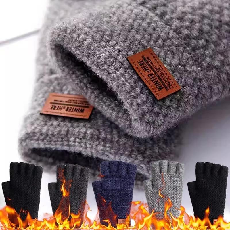 Luvas de Inverno Sem Dedos Luvas para Dirigir ao Ar Livre para Homens Meio Dedo para Escrever Escritório Tricotadas Lã Espessa Quente Etiqueta Espessa Elástica