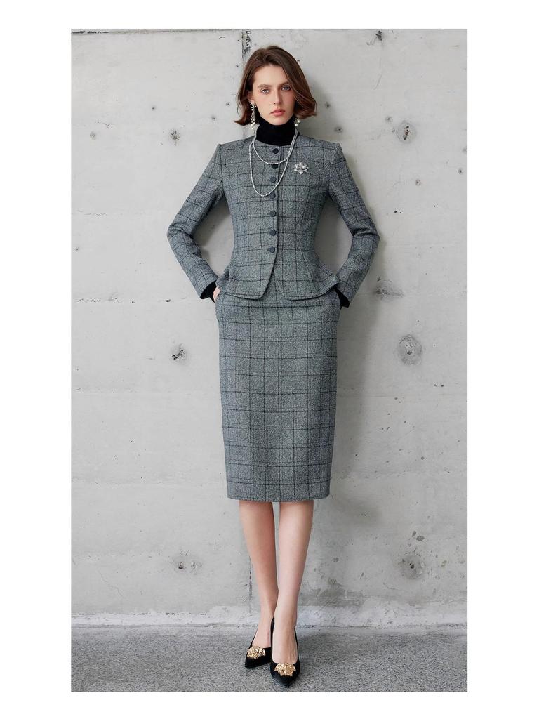 2024 Women's Gray Plaid Two-Piece Suit – Korean Style Formal Jacket & Skirt for Early Autumn