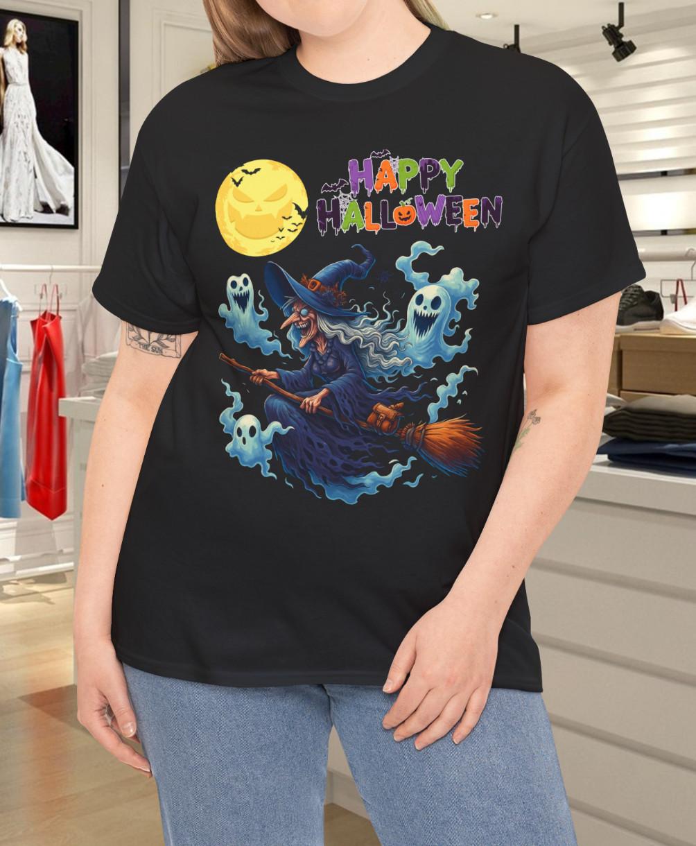 Witch on Broomstick Halloween Ghosts T-Shirt Mens Womens Tees Top 2XL