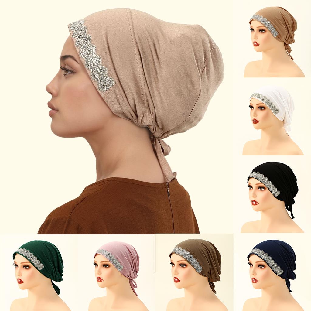 Fashion Shiny Rhinestone Cotton Modal Inner Caps Hat Women Muslim Hijab Underscarf Jersey Caps Islam Turban Female Headscarf