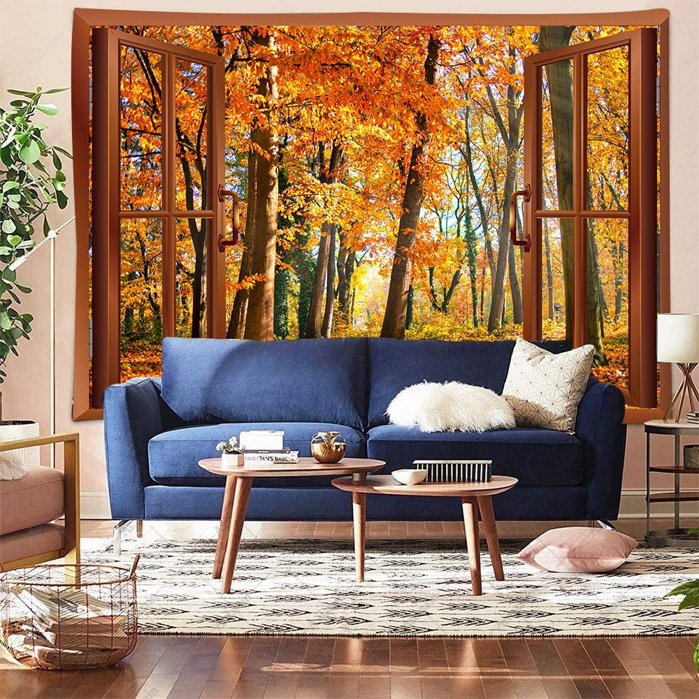 Seasonal Autumn Fall Forest Tapestry Wall Decor Mural Polyester Hanging Art Print Window View Nature Wallpaper Home Decoration