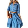 Bayan Moda Yakalı Salıncak Sundress Düğmeler Denim Gömlek Elbise