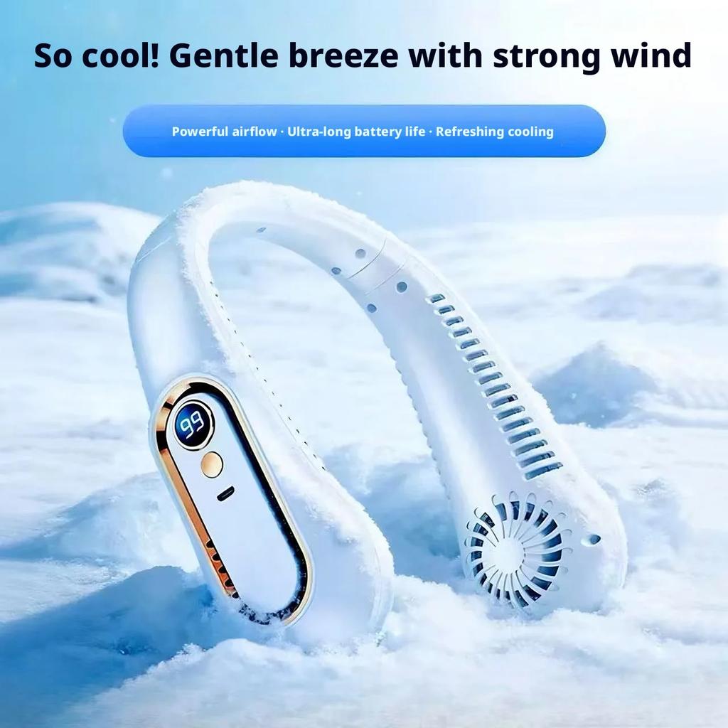 3-Color Optional Ice-Cooling Neck Fan Digital Display USB Rechargeable Bladeless Hanging Neck Fan for Summer Outdoor Use