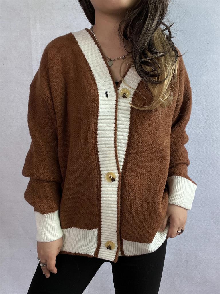New Autumn and Winter Contrasting Cardigan Sweater, Street Style Loose Knit Sweater 3566 EMA