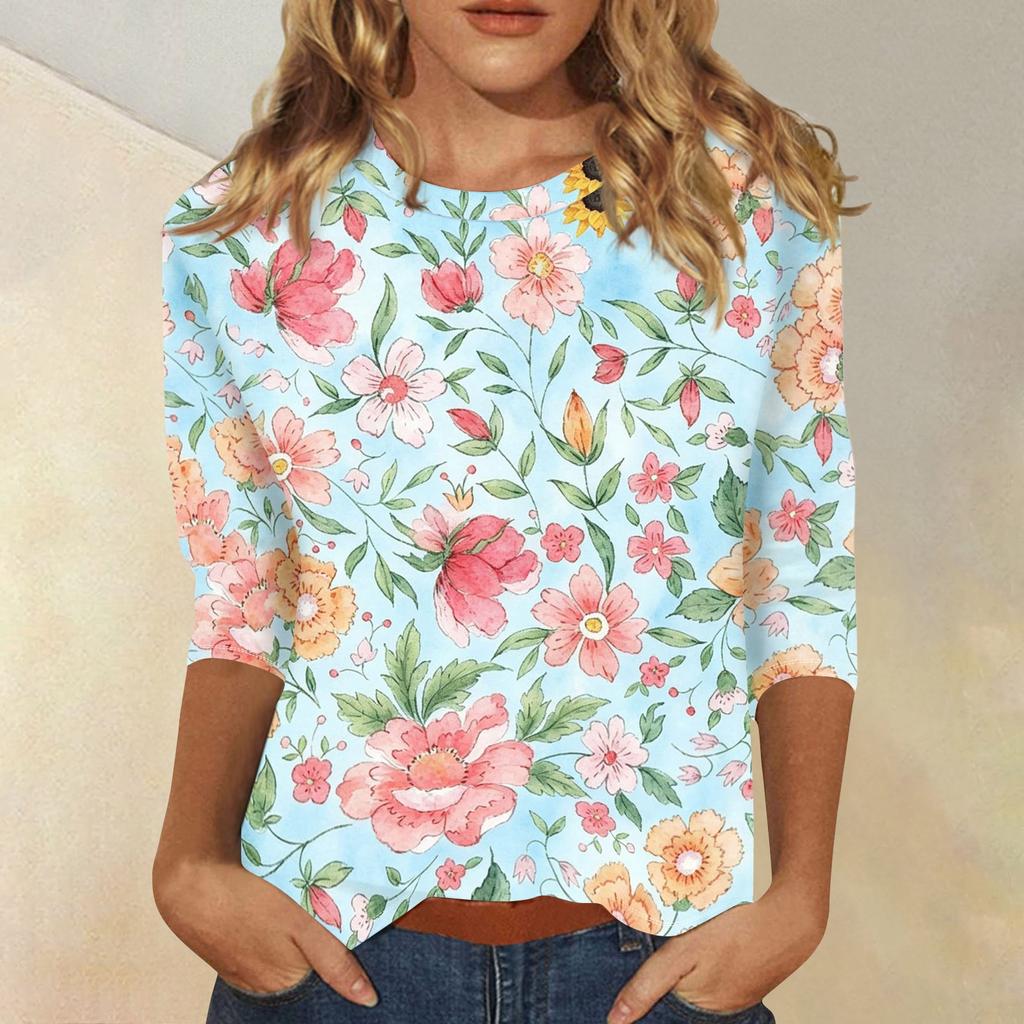 Damen Casual Oberteil mit Blumendruck 3/4 Ärmel Rundhalsausschnitt Leichter weicher Stoff Bequeme Passform Stilvolles Design für den Alltag