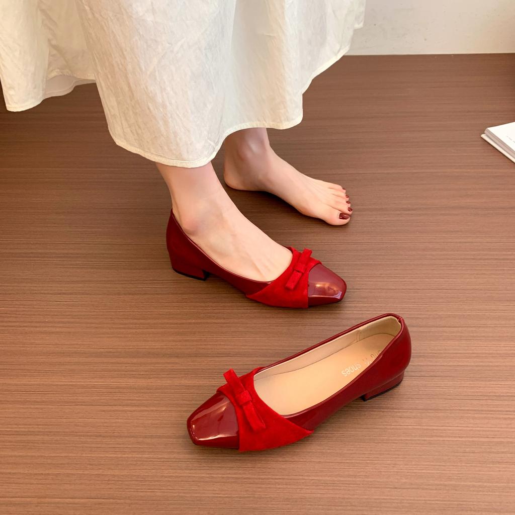 Gentle bow thick heel single shoes women's new square head color matching grandma ladyshoes
