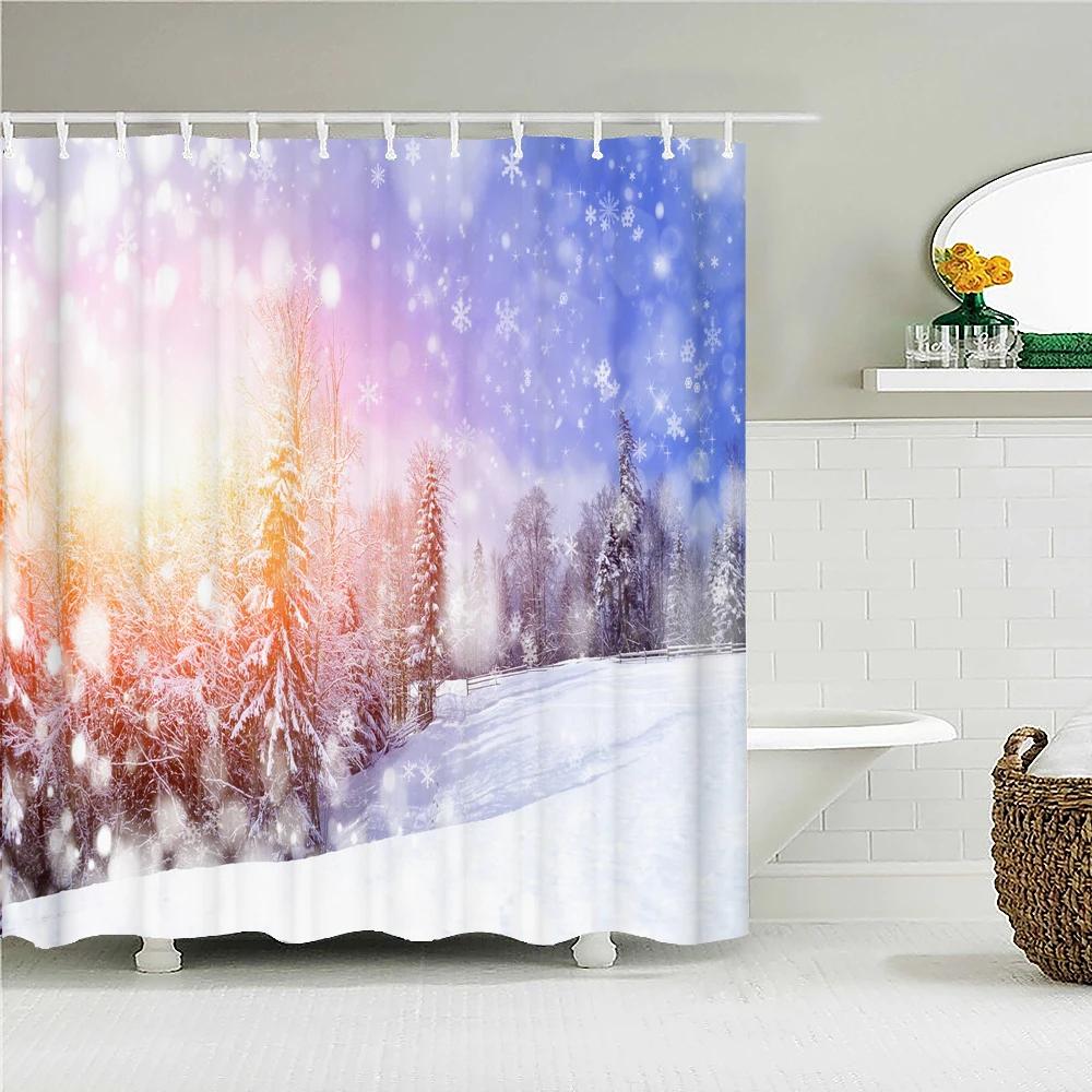 Christmas Shower Curtain Waterproof Fabric Snow Scene Cedar Trees landscape Print Shower Curtains for Bathroom Shower with Hoo