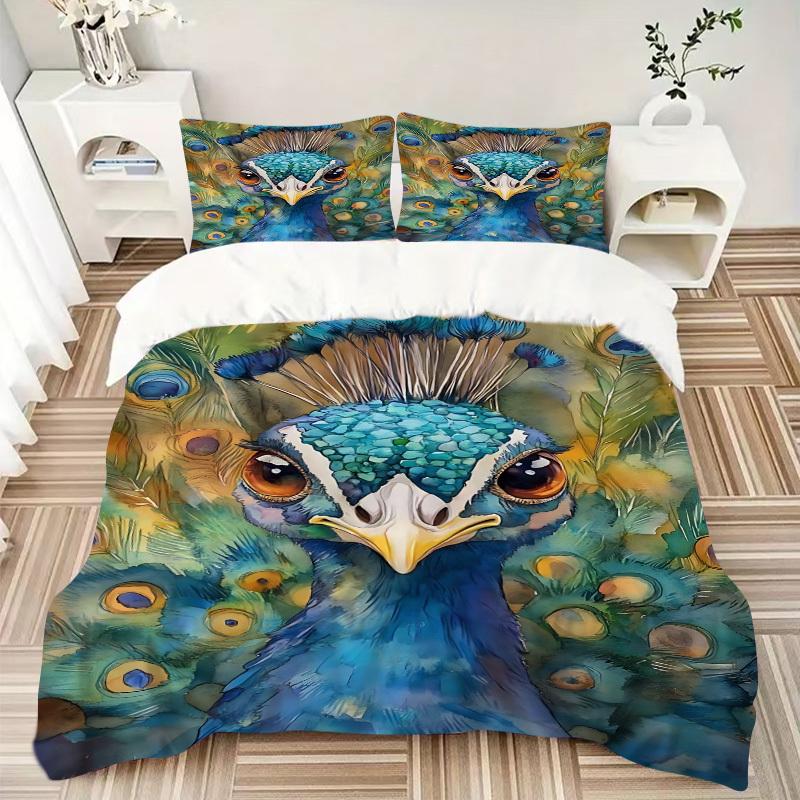 3pcs Peacock Feather Duvet Cover Set -Includes 1 Duvet Cover and 2 Pillowcases, No Quilt Core, All-Season Home Decor  Yy251111137