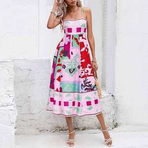 European and American women's clothing, new spring models, graffiti-printed holiday style high-waisted suspender dress