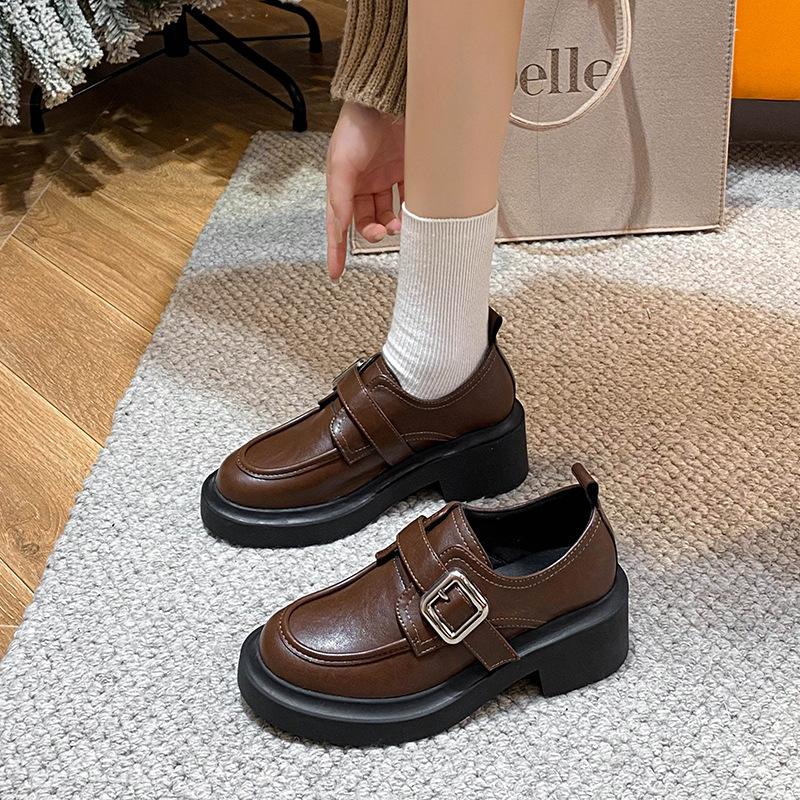 

676 туфли-лоферы с круглым носком, на толстом каблуке, с одним ремешком, из маленькой кожи, женские 40 коричневый