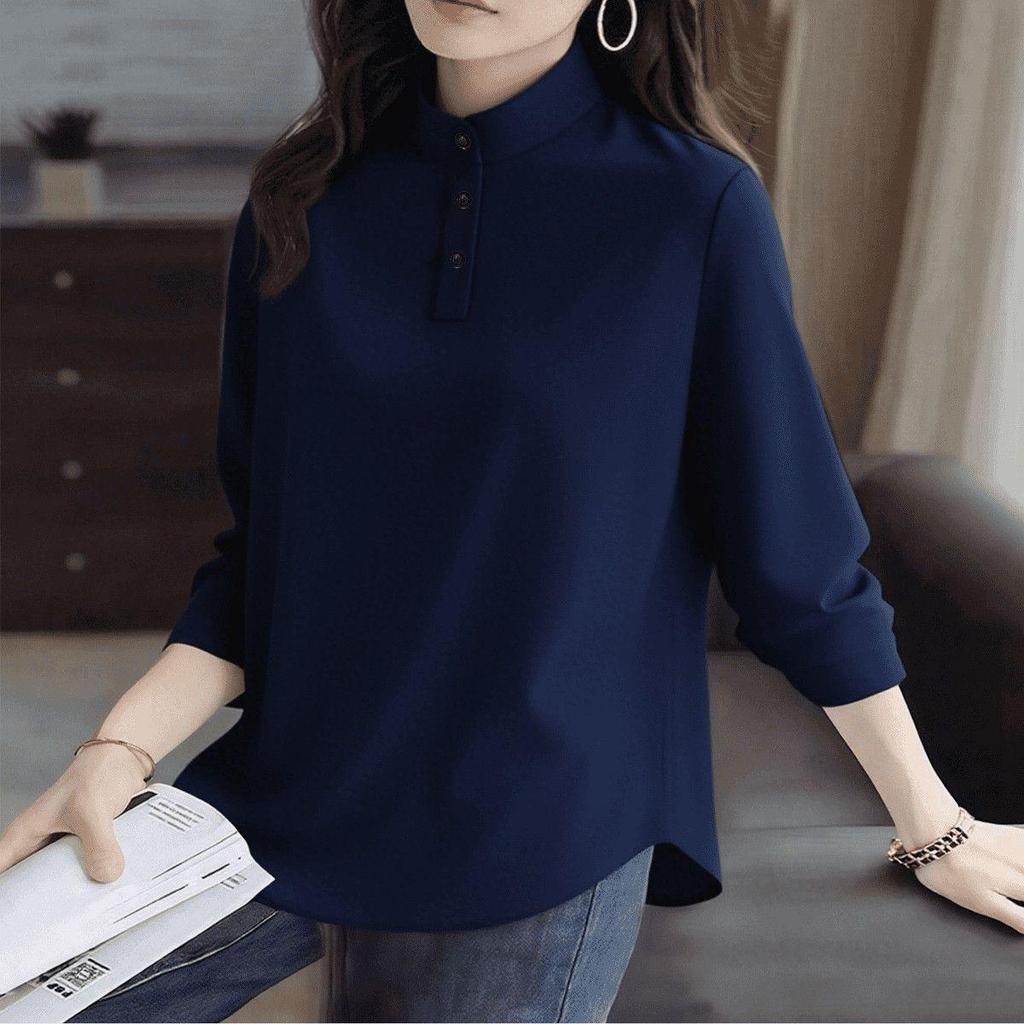 Women's Plus Size Long-Sleeve T-Shirt with Stand Collar and Lapels - De Rong Base Layer, Autumn/Winter Style for a Slimming Look