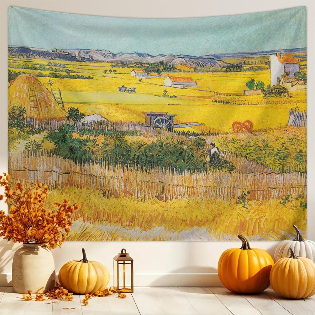 1pc Van Gogh's vintage oil painting "Harvest" tapestry, decorated with retro pastoral art, hung on the walls of rooms