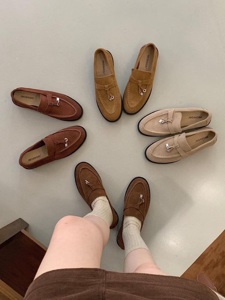 Korean version of round head metal buckle thick heel deep mouth single shoes women's 2025 new spring and autumn suede versatile loafers