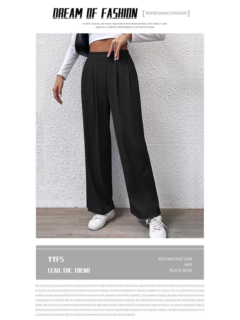 2024 Women's Autumn Solid Color Wide Leg Ribbed Casual Pants with Elastic Waist