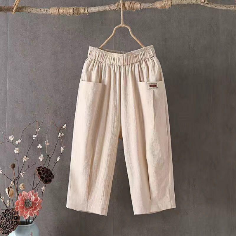 Fashion Casual Women's Loose Cropped Pants Summer Large Size Elastic Waist Solid Color Short Harlan Pants Simple Versatile Office Pockets Trousers