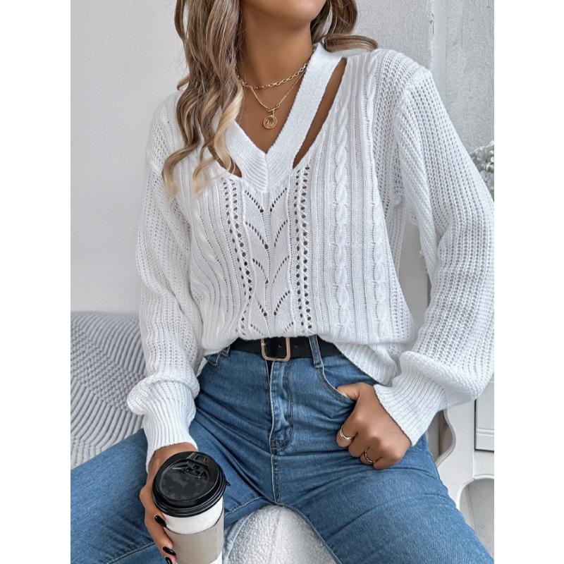 Autumn Winter Casual Hollow Out V-neck Twist Pullover Sweater Long Sleeve Casual Fashion Elegant Casual Tops Ladies Office Streetwear Simple Clothing