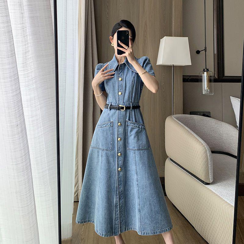 High-End Blue Retro Denim Summer Dress for Women 2026: Slimming Waist-Cinched, Temperament Fashion, Long Commute Style