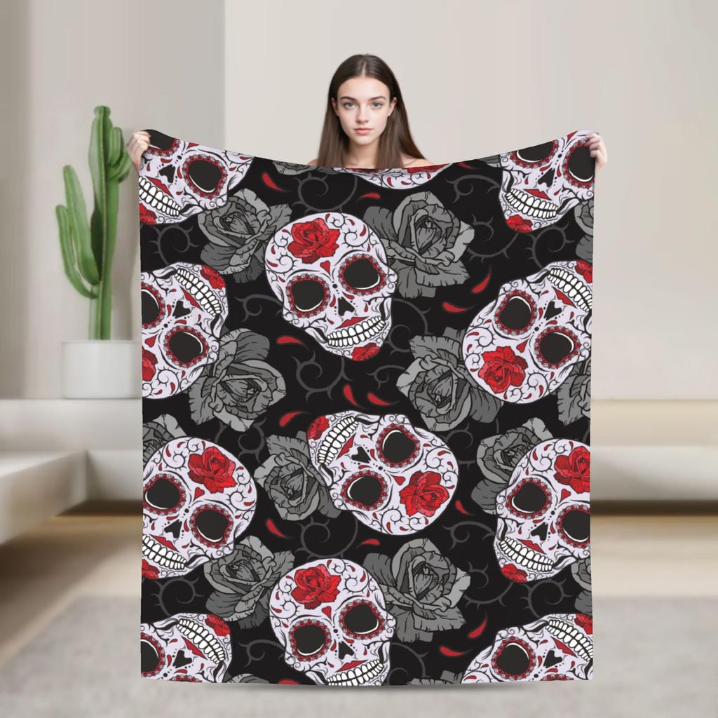 Sugar Skull Rose Halloween Knitted Blanket Flannel Gothic Day of the Dead Warm Throw Blankets for Bed Bedspread