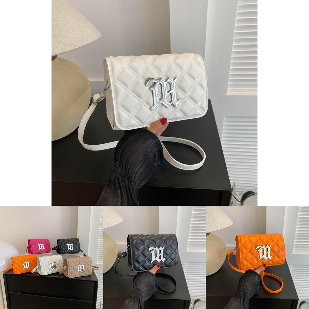Street Style Womens Small Pu Square Shoulder Bag With Silver Letter Decorated Checkered Texture