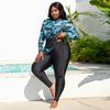 Women's Printed Zipper One-Piece Skirt Swimsuit with Long Sleeves - Plus Size Available