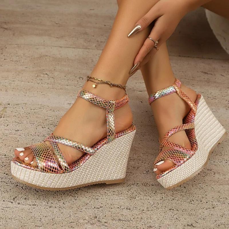 Fashion Summer New Style High Heel Sandals for Women Round Head Open Toe Waterproof Platform Anti-slip Wear-resistant Slope Heel Shoes