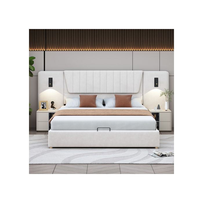 Lit rembourré - MUVOE - 180x200 cm - Beige - Dossier allongé - Lampes de lecture USB