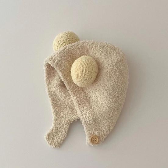 Children Hat with Bear Ear Design Solid Color Button Closure Elastic Breathable Winter Cap Cold Weather Accessory