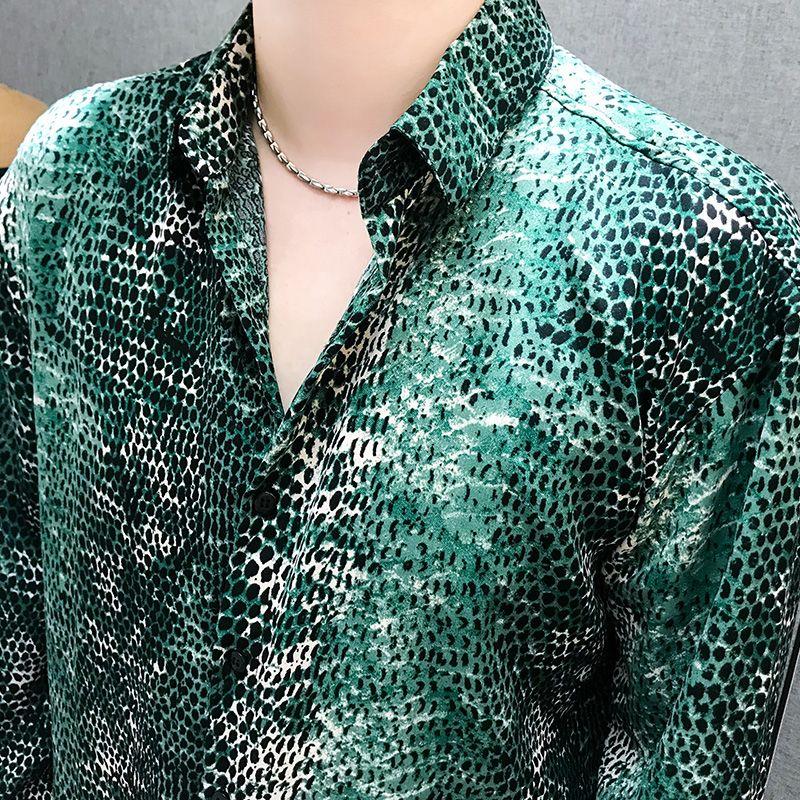 Lapel Long-sleeved Snakeskin Pattern Shirt Men Long-sleeved Slim-fitting Drape Personalized Floral Shirt Ice Silk Free-iron Top