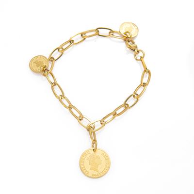 Vintage Queen Head Coin Titanium Steel Bracelet Plated Real Gold O Fashion Round Pendant Stainless Steel Jewelry