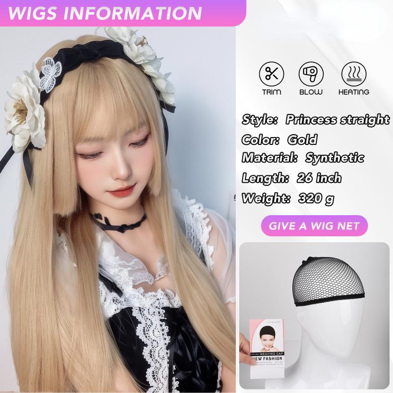Gold Long Straight Wig Princess Bangs 26 Inch Fiber Synthetic Heat-resistant Sweet And Natural Party or Selfie For Women Korean Fashion