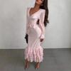 European and American Cross-border Women's Clothing 2026 Spring New Long-sleeved Horn-sleeved Ruffle Edge Printed V-neck Slim-fitting Temperament Dres